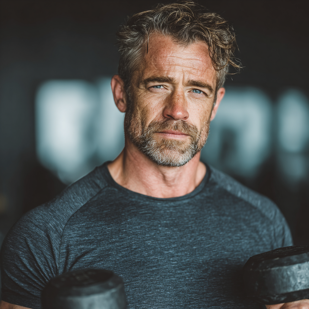 Confident middle-aged man in his late 40s performing strength training with dumbbells in a modern gym, focused expression showing determination and healthy lifestyle commitment